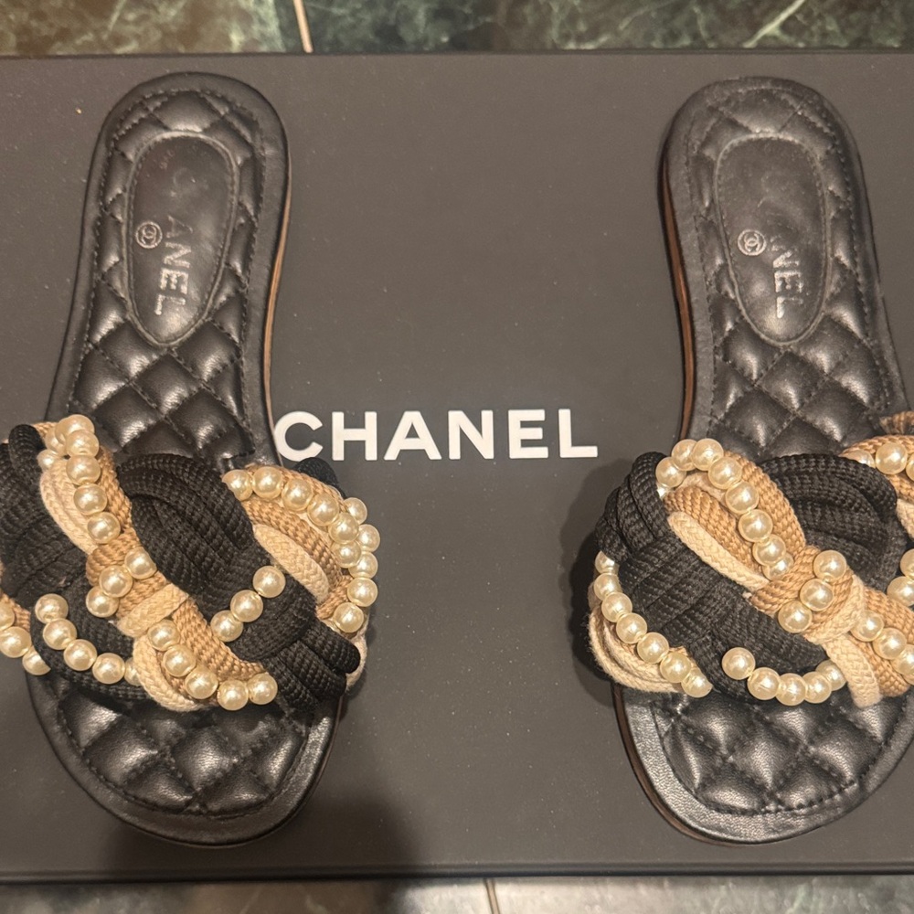 CHANEL Black and Gold Braided Pearl Slide Sandals
